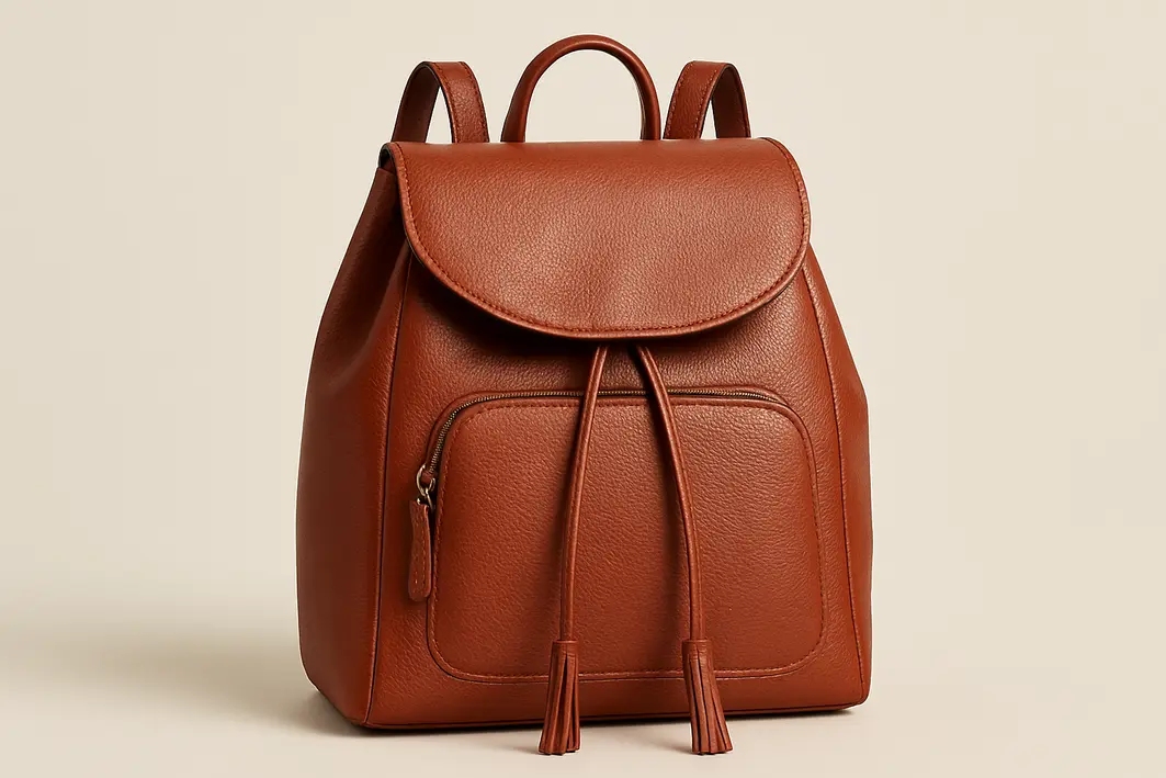 mochila feminina couro marrom cafe urbana Mochila feminina de couro marrom sobre mesa de madeira em café, com mãos femininas abrindo zíper do compartimento principal