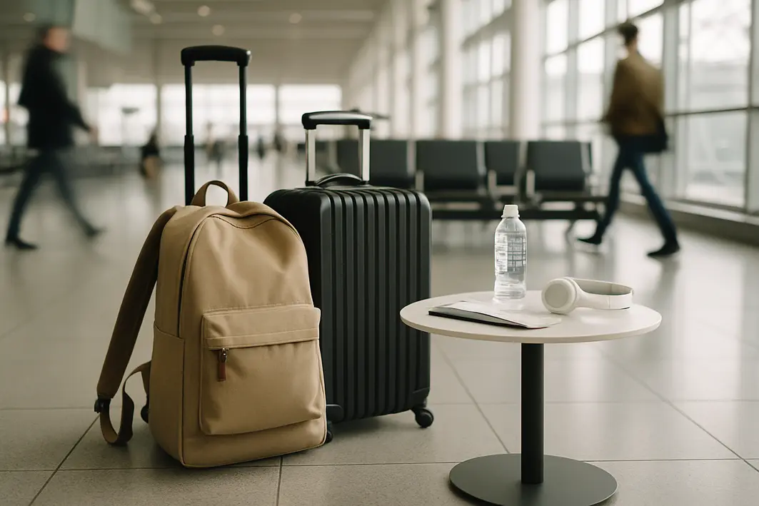 mochila jansport aeroporto viagem Mochila Jansport simples ao lado de mala de viagem em saguão de aeroporto moderno com passageiros desfocados ao fundo