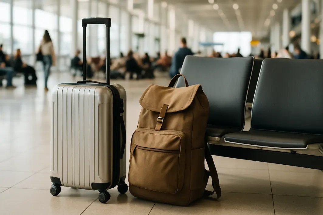 mochila jrl mala aeroporto banco Mala e mochila casual ao lado de banco moderno em aeroporto com pessoas ao fundo