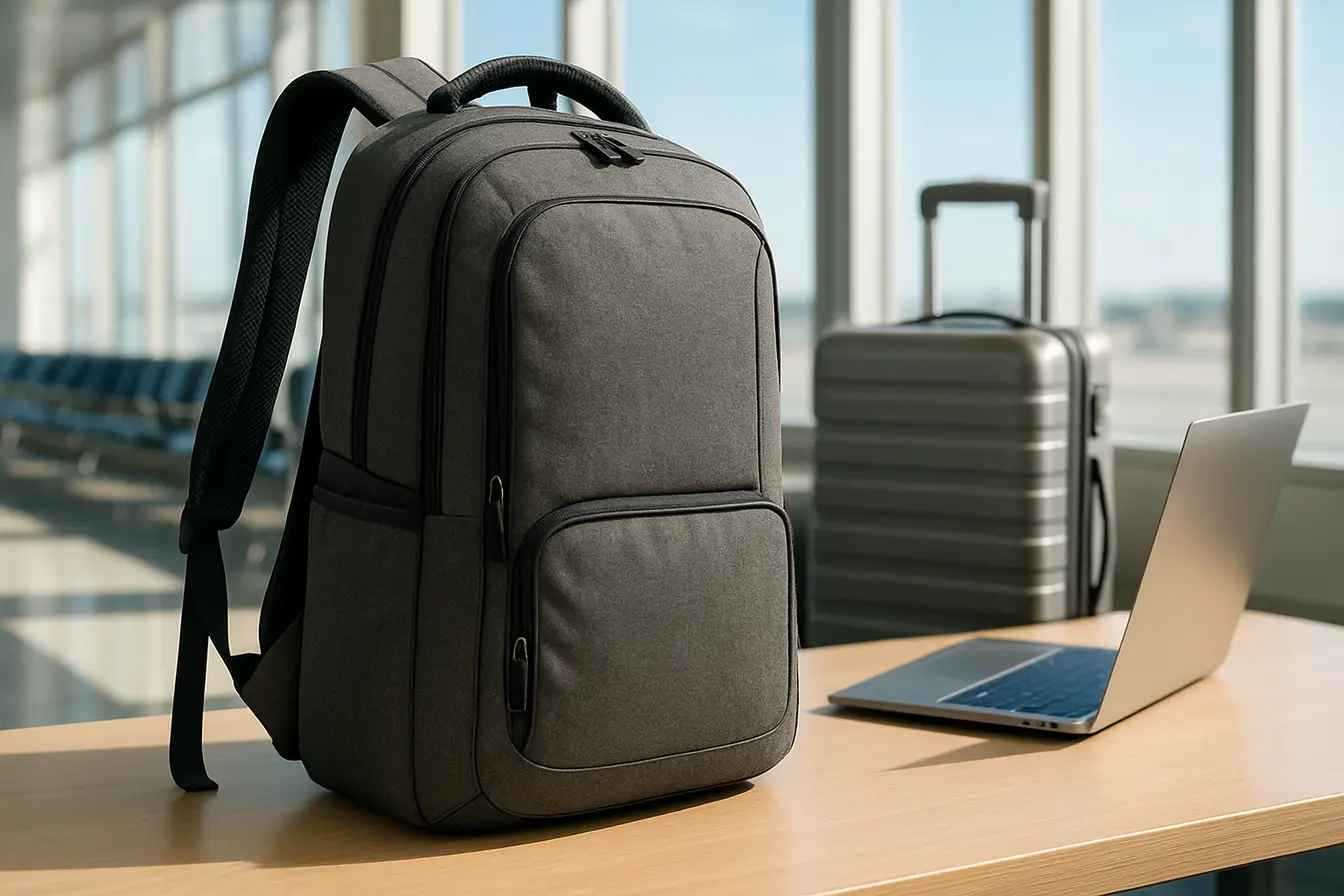 Mochila JRL moderna e funcional sobre mesa em hall de embarque com mala e laptop ao fundo