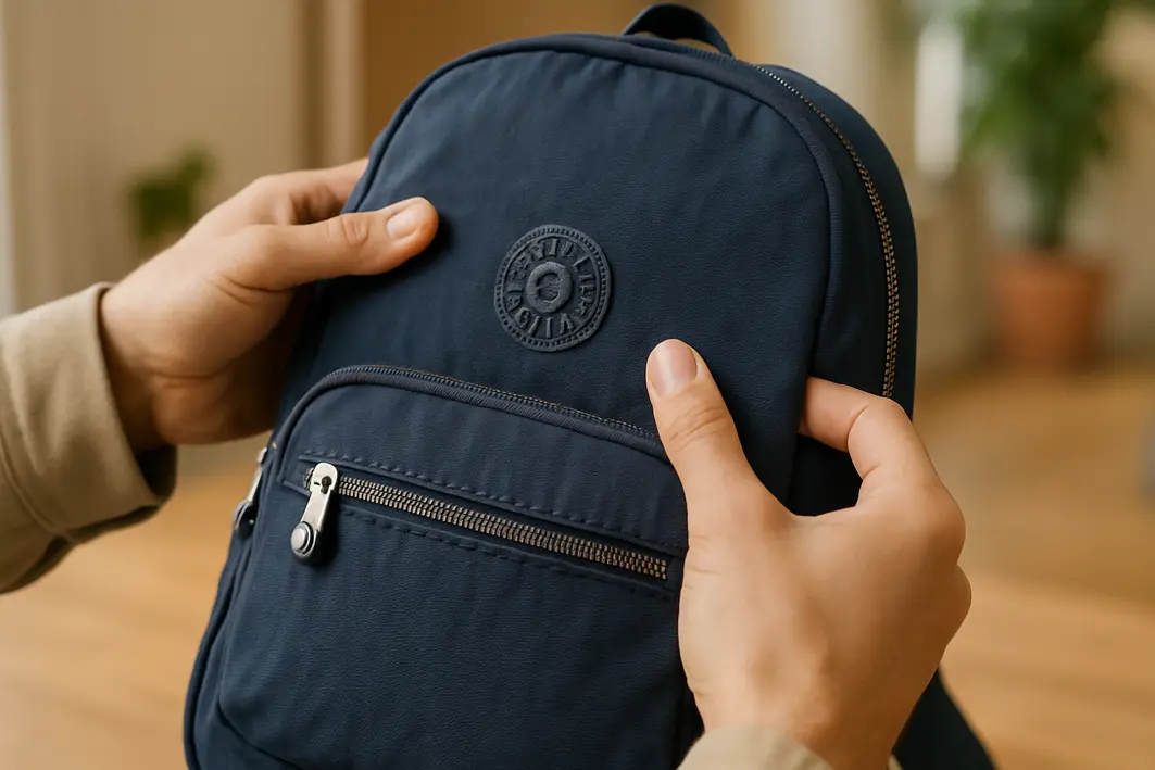 mochila kipling original detalhes acabamentos Mãos segurando mochila Kipling original mostrando costuras uniformes e logo bordado