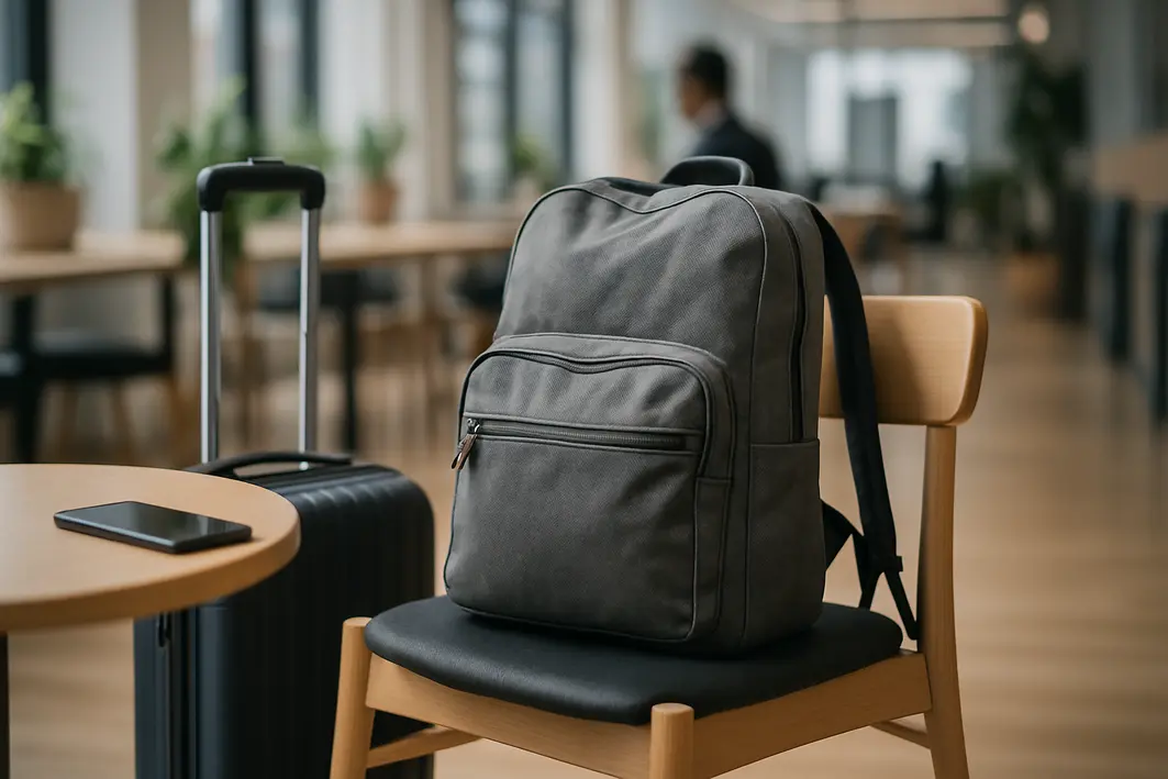mochila kipling tecido resistente coworking Mochila casua em tecido resistente apoiada em cadeira ao lado de mesa de café em coworking moderno