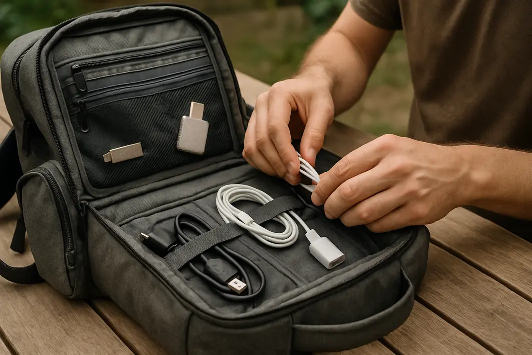 mochila maluca organizacao detalhes Mochila de viagem aberta com vários bolsos e compartimentos sendo organizada por mãos masculinas