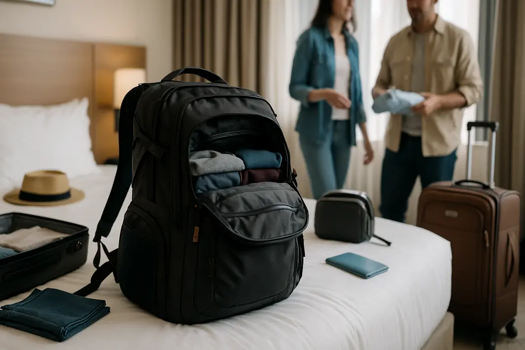 mochila maluca quarto hotel organizado Mochila grande multifuncional com bolsos abertos sobre cama de quarto de hotel moderno com pessoas ao fundo