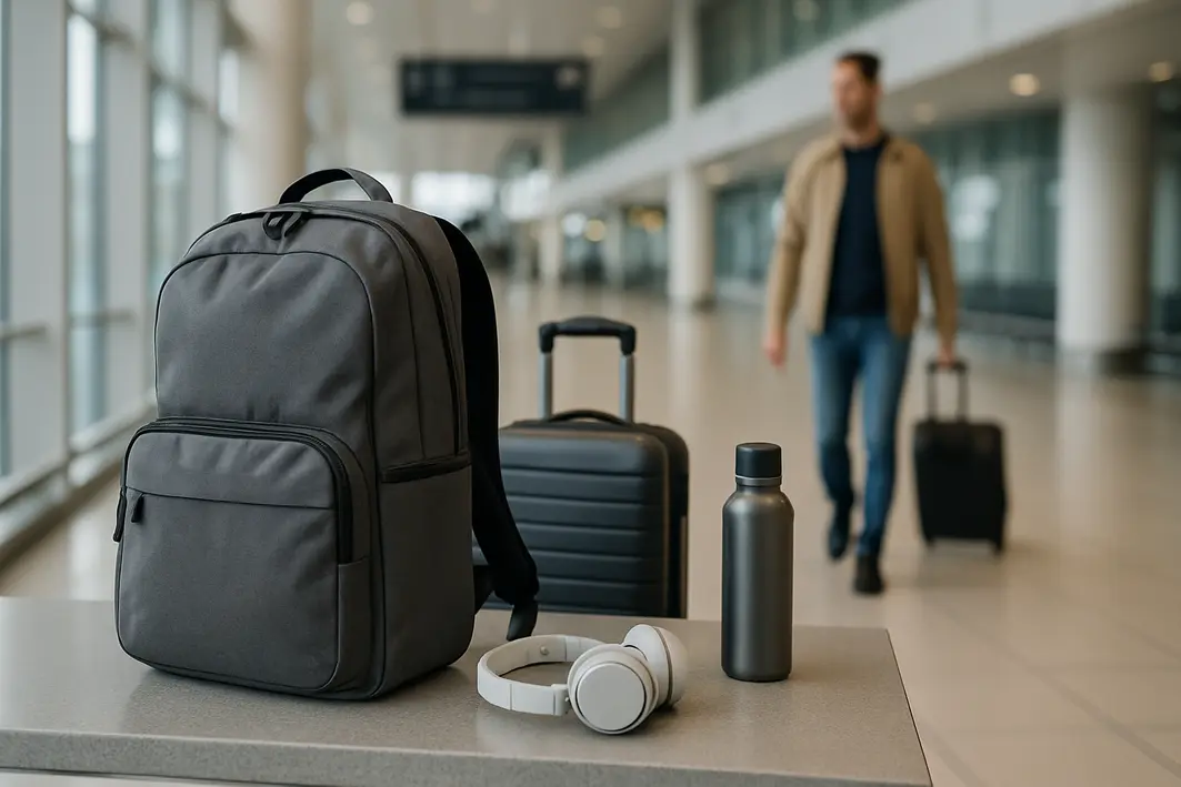 mochila masculina nike aeroporto viagem Mochila masculina esportiva resistente em bancada de saguão de aeroporto moderno com mala pequena e acessórios de viagem