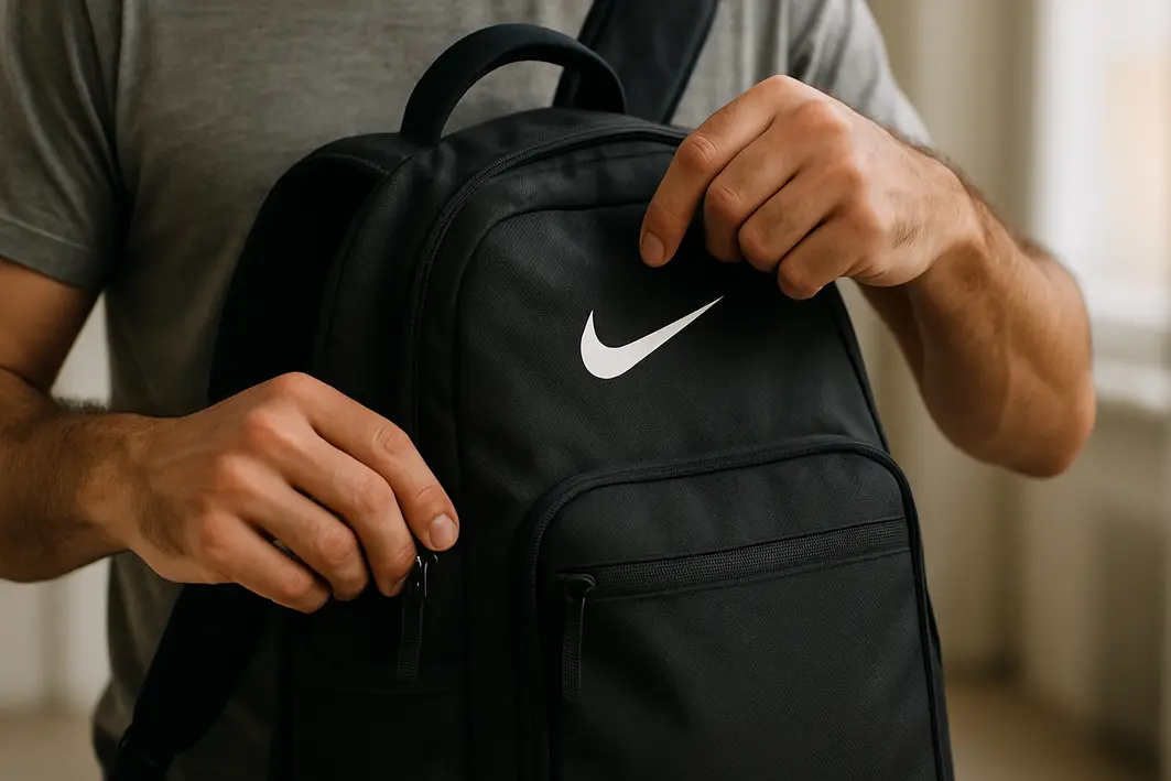 mochila masculina nike detalhes ziper tecido Mãos masculinas ajustando mochila Nike preta com alças acolchoadas e tecido resistente em ambiente interno