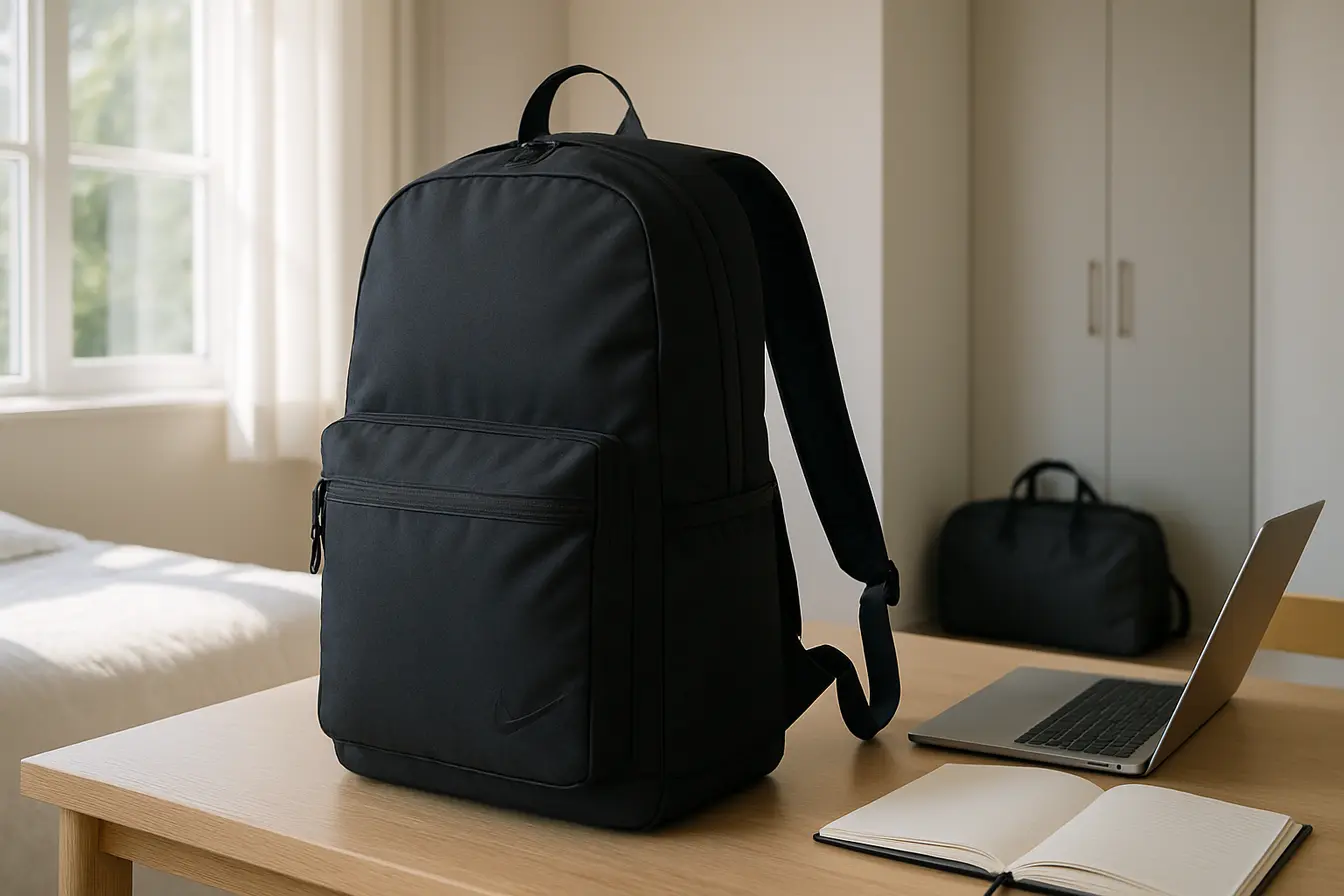 Mochila masculina preta Nike sobre mesa de madeira clara em quarto organizado com luz natural e detalhes do tecido de nylon resistente