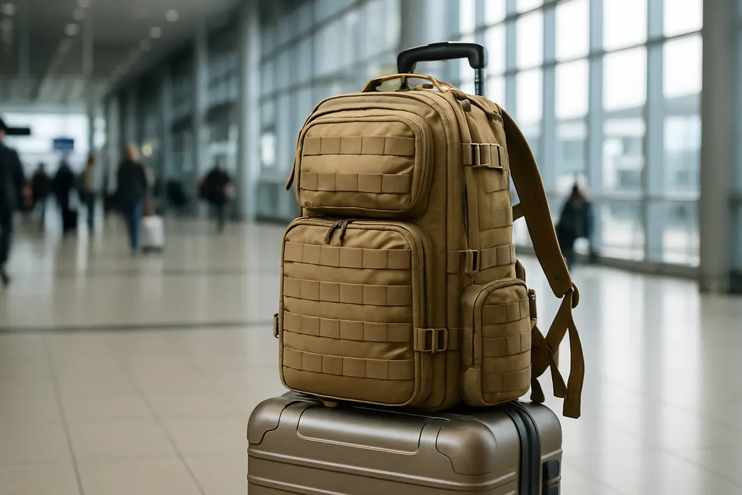 mochila militar resistente aeroporto moderno Mochila militar funcional e resistente apoiada sobre mala em aeroporto moderno com viajantes desfocados ao fundo