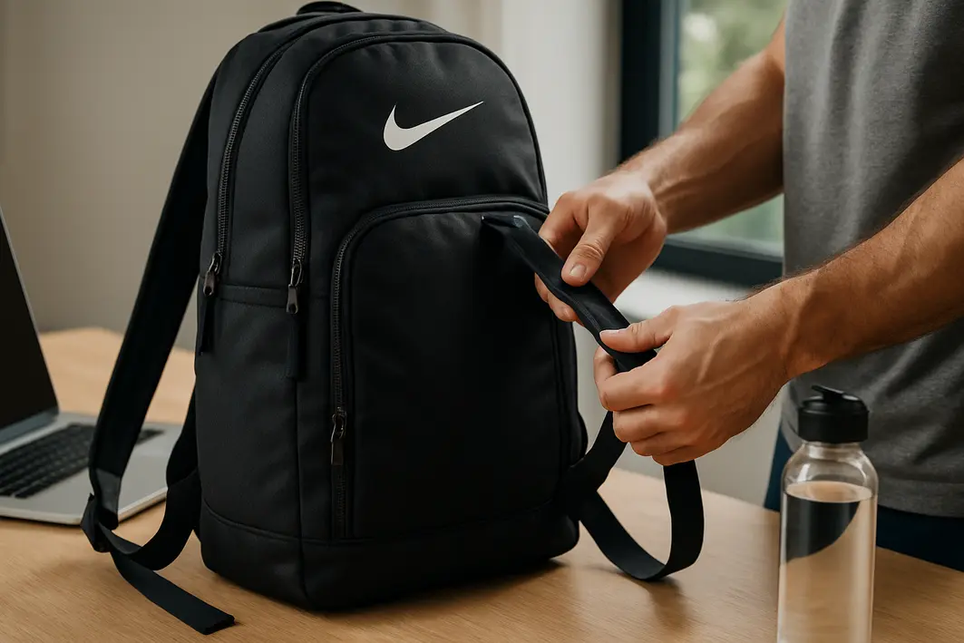 mochila nike masculina alcas acolchoadas Mãos masculinas ajustando alças acolchoadas de mochila Nike masculina preta sobre mesa de madeira clara com laptop aberto e garrafa de água