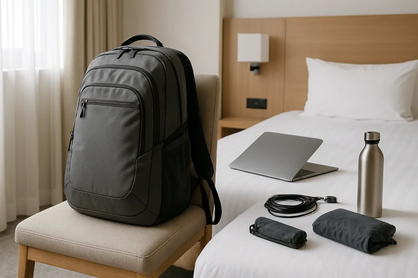Mochila masculina estilo Nike sobre cadeira em quarto de hotel moderno organizado com laptop, garrafa inox e capa de chuva na cama
