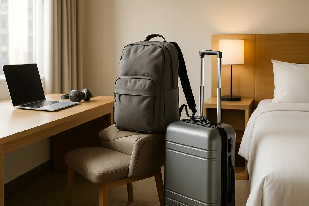 mochila nike masculina viagem trabalho Mochila Nike masculina esportiva funcional sobre mesa em ambiente moderno de hotel com laptop e mala ao lado