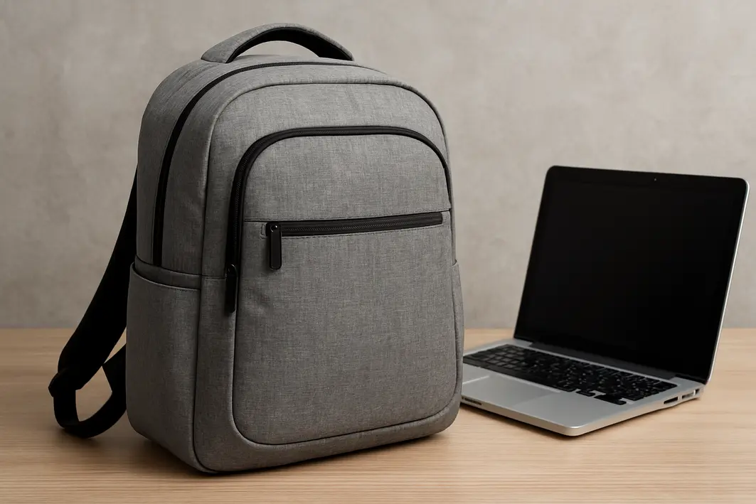 mochila notebook compartimento acolchoado Mãos medindo compartimento acolchoado interno de mochila notebook aberta sobre mesa de madeira