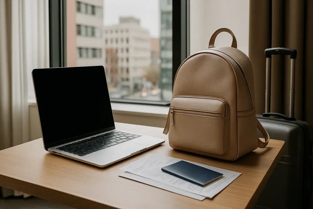 mochila notebook feminina funcional moderna Mesa organizada em hotel moderno com mochila notebook feminina ao lado de notebook aberto e mala compacta ao fundo