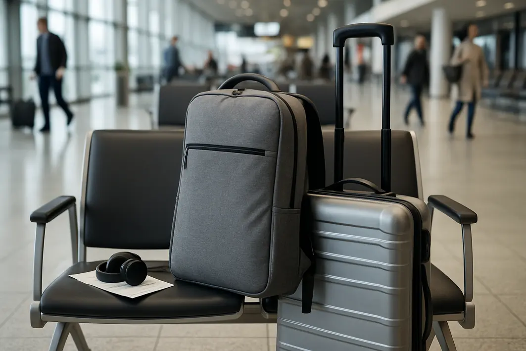 mochila notebook personalizada aeroporto organizad Mochila notebook personalizada sobre cadeira ao lado de mala de rodinhas em aeroporto com pessoas desfocadas ao fundo