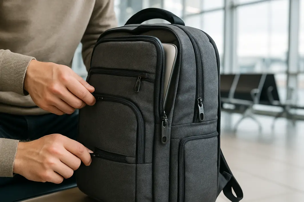 mochila notebook personalizada tecido resistente Mãos segurando mochila notebook personalizada em tecido resistente com zíperes e compartimentos organizados em aeroporto