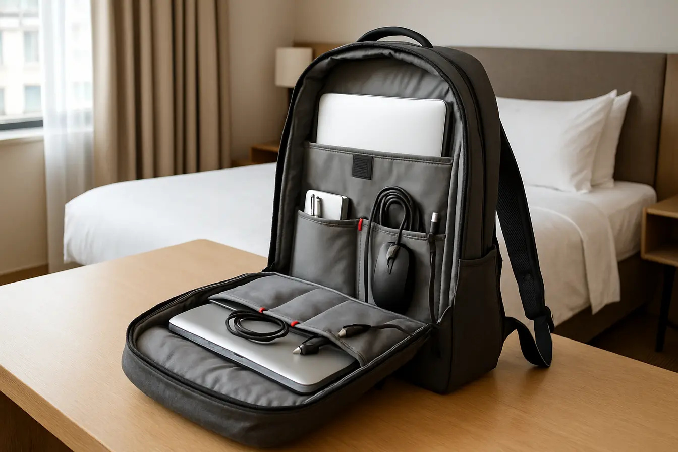 Mochila para notebook aberta sobre mesa de madeira com laptop 15,6 polegadas dentro e acessórios organizados