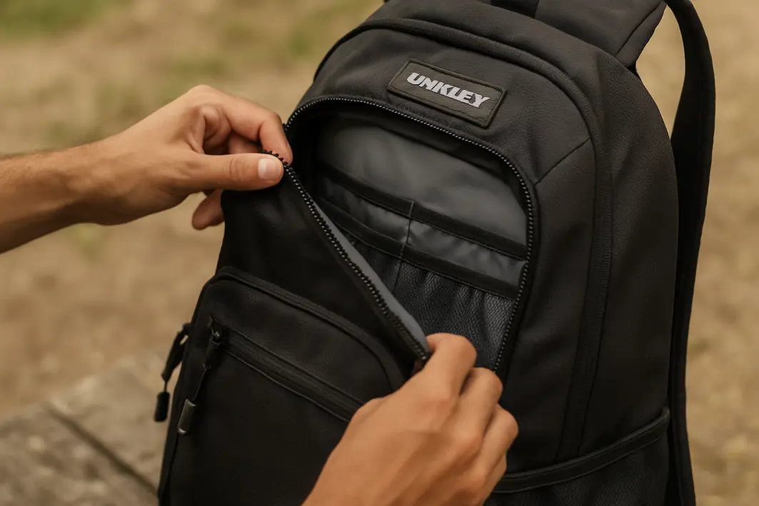 mochila oakley abertura compartimento principal Mãos abrindo compartimento principal de mochila Oakley com zíper robusto e bolsos internos visíveis em ambiente externo
