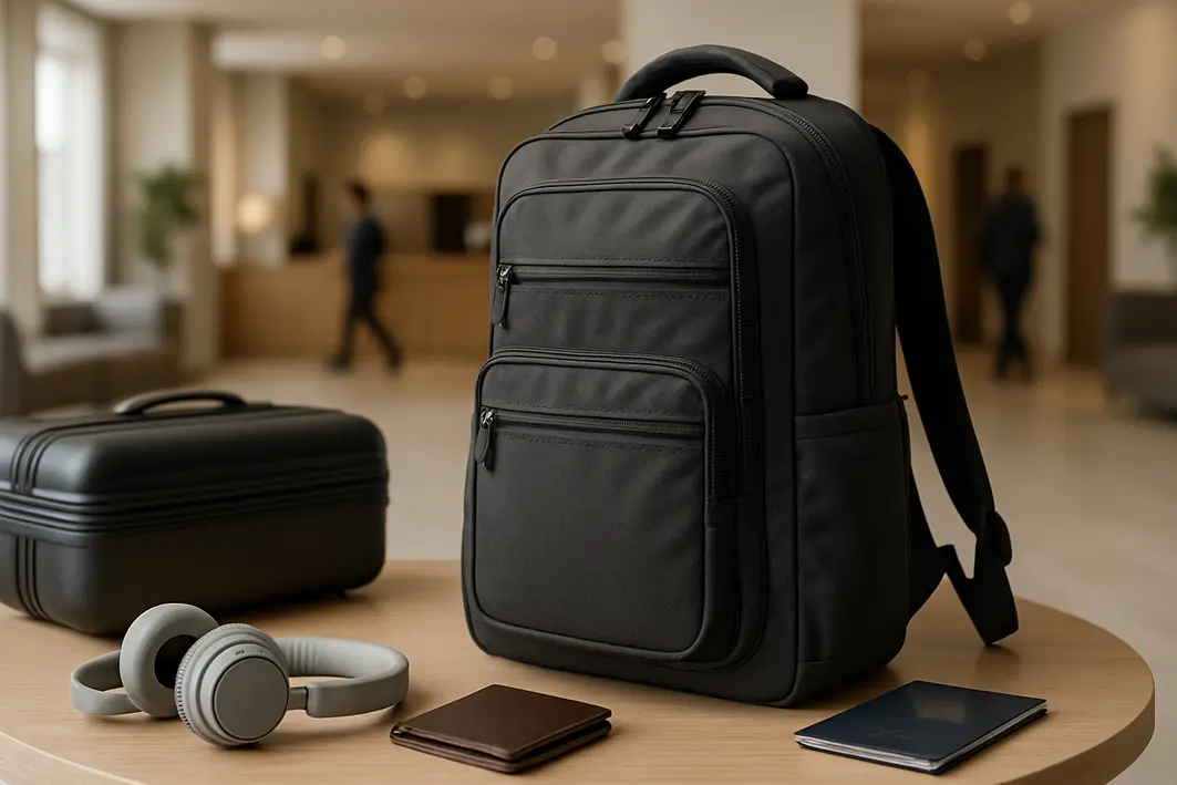 mochila oakley resistente organizada viagem Mochila resistente e organizada sobre mesa com mala, fones, carteira e passaporte em hotel moderno