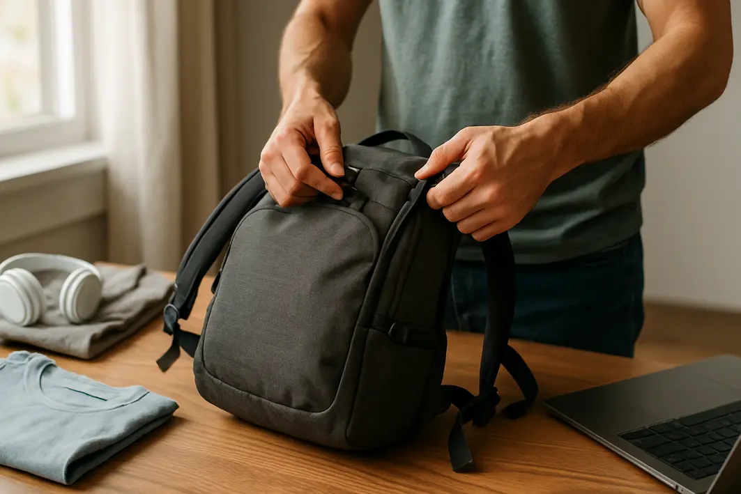 mochila para viagem ajuste alcas Mãos masculinas ajustando as alças de mochila de viagem compacta sobre mesa de madeira com roupas e notebook ao redor