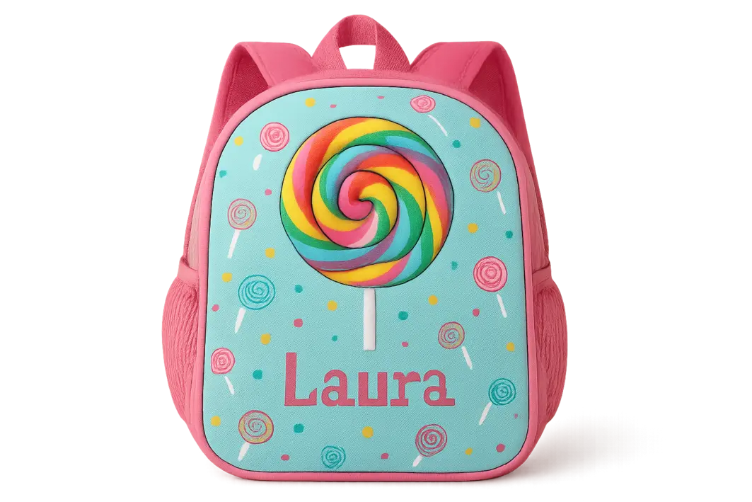 mochila pirulito personalizada maos ziper Mãos abrindo mochila pirulito personalizada com chaveiro estrela sobre mesa de madeira