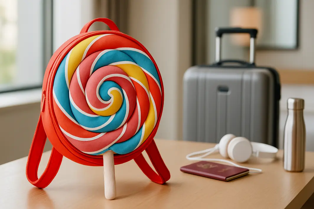 mochila pirulito personalizada moderna hotel Mochila pirulito personalizada arredondada sobre mesa em hotel moderno com mala compacta e itens de viagem ao fundo