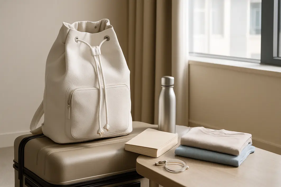 mochila saco branca aberta mala hotel Mochila saco branca aberta sobre mala grande com acessórios de viagem organizados em quarto moderno