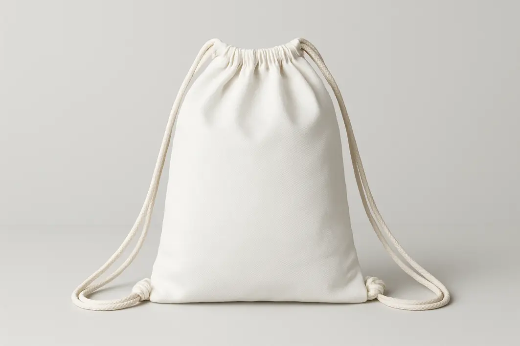 mochila saco branca detalhe tecido Mãos organizando camiseta dentro de mochila saco branca aberta sobre mala em quarto de viagem