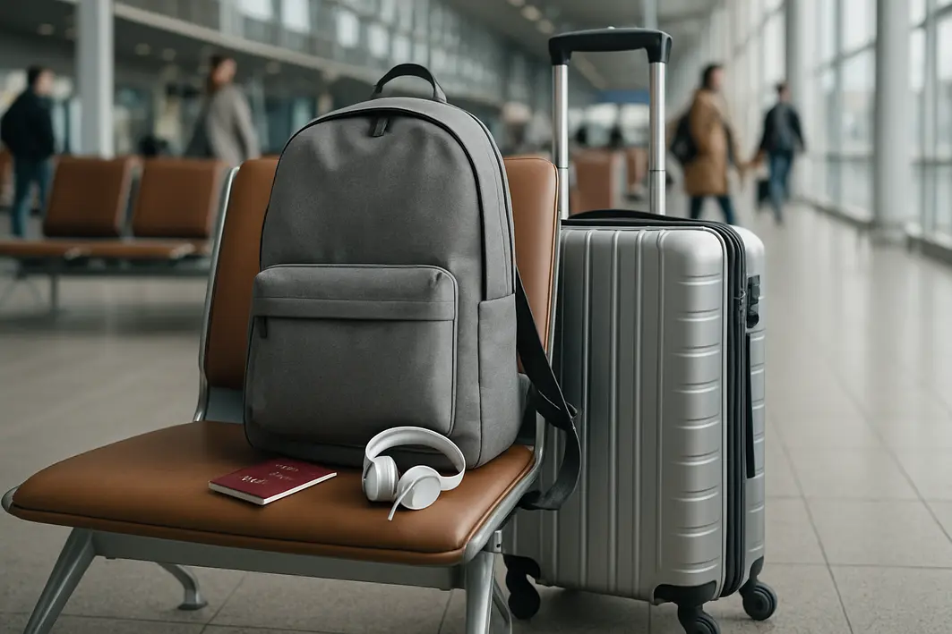 mochila stank aeroporto mala tenis Mochila urbana contemporânea sobre poltrona em aeroporto moderno ao lado de mala e tênis