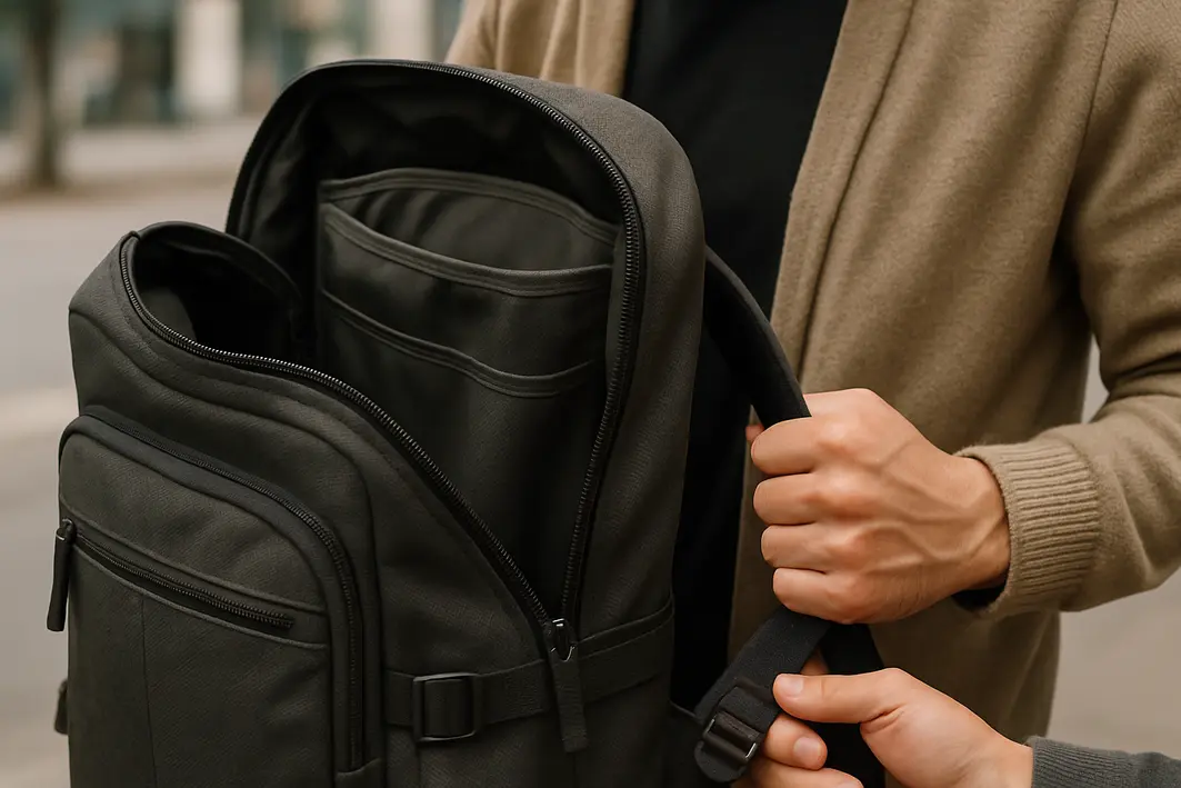 mochila stank urbana resistente pratica Mochila stank urbana em uso com compartimentos abertos e alças ajustadas em ambiente urbano desfocado