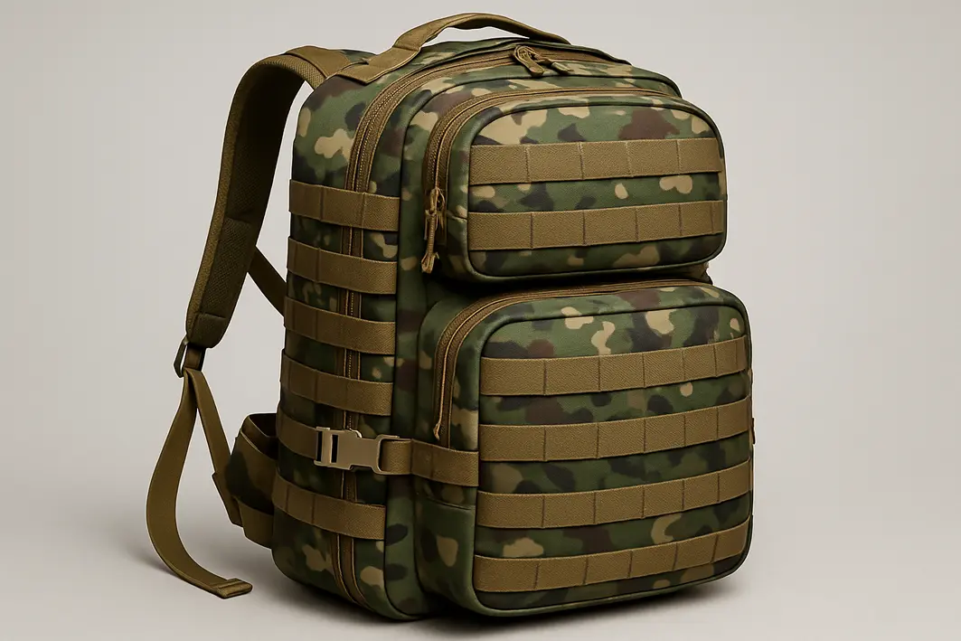 mochila t10 militar banco madeira Mochila T10 militar em nylon balístico apoiada em banco de madeira com mãos ajustando alça e abrindo bolso frontal