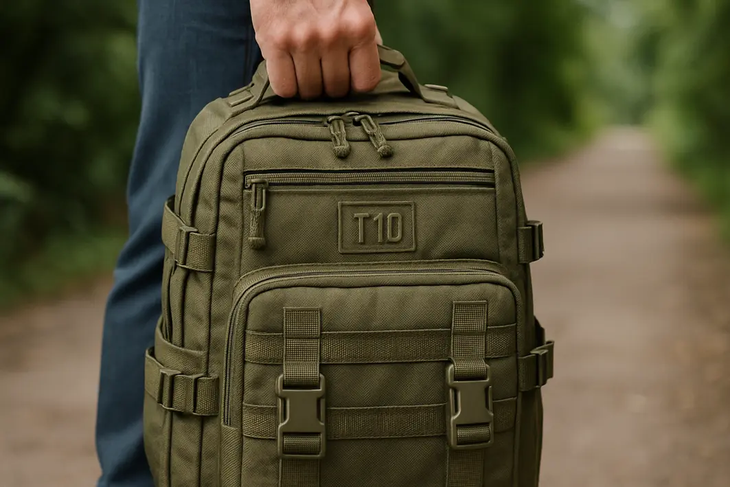 mochila t10 militar resistente verde oliva Mão masculina segurando mochila T10 militar verde oliva com tecidos resistentes e costuras reforçadas