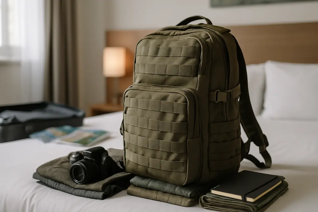 mochila t10 militar resistente viagem Mochila T10 militar resistente sobre mesa com equipamentos de viagem em quarto de hotel moderno