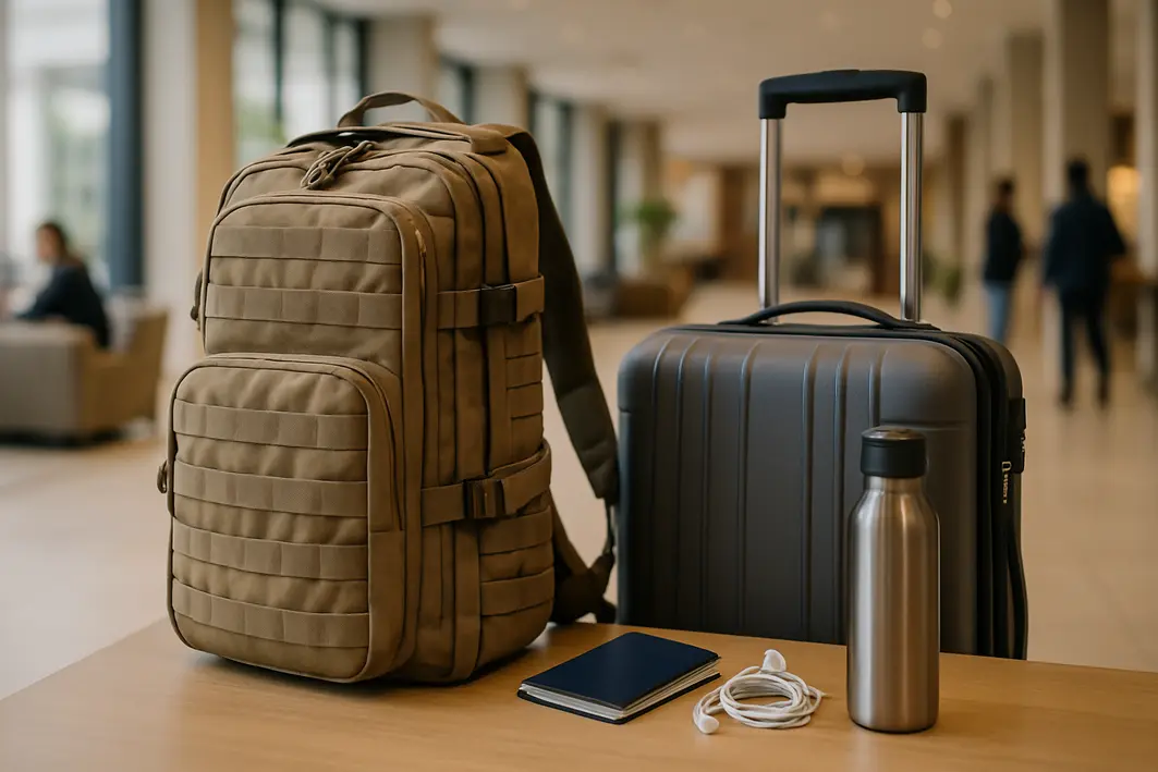 mochila tatica hotel moderno viagem Mochila tatica robusta apoiada ao lado de mala de viagem em lobby de hotel moderno com mesa e itens de viagem