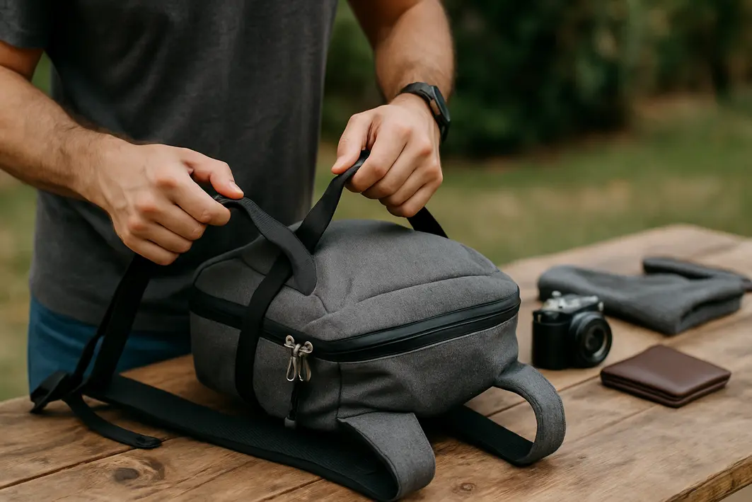 mochila viagem ajuste alcas madeira Mãos masculinas ajustando as alças de mochila compacta sobre mesa de madeira ao ar livre