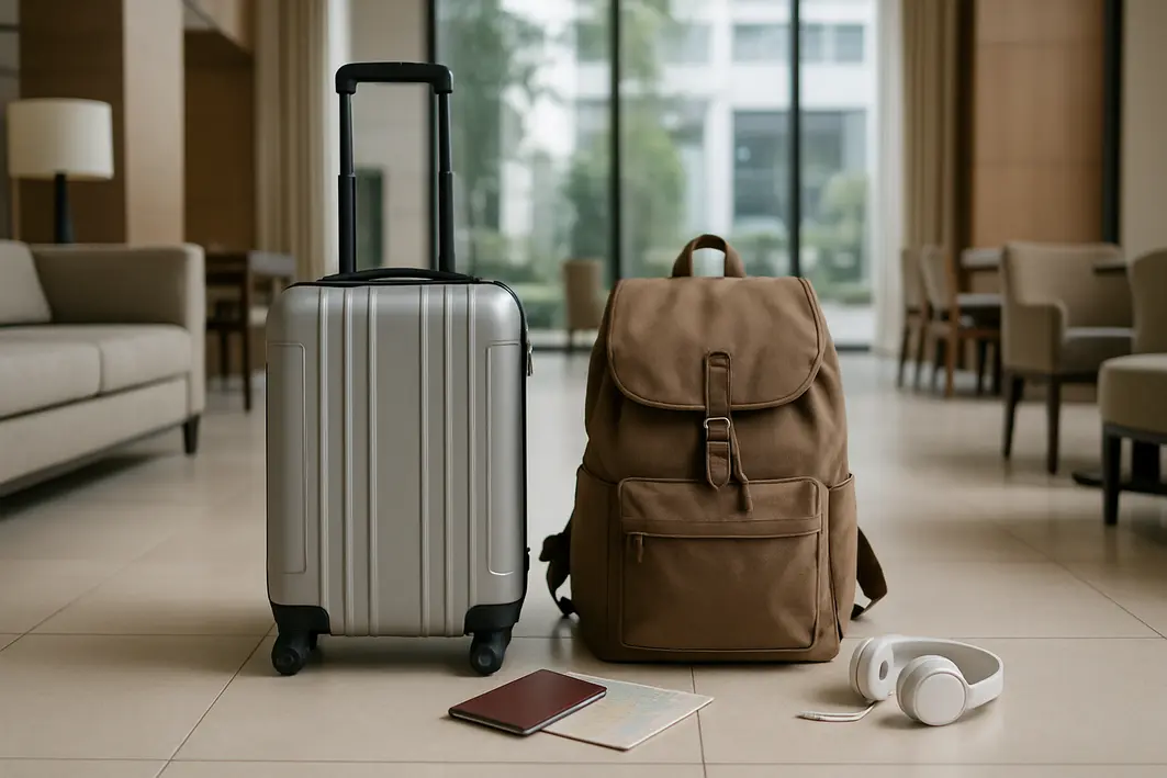 mochila viagem mala bordo hotel Mochila de tamanho medio e mala de bordo compacta lado a lado no chao de area de hotel moderna com objetos de viagem ao redor sob luz natural